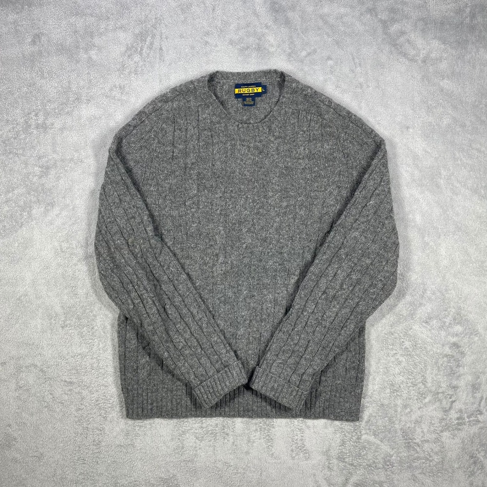 Ralph Lauren Rugby Sweater Mens Large Grey Cable Knit Wool Crewneck